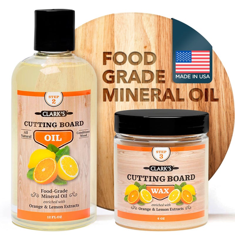 CLARK'S Food Grade Mineral Oil (12oz) and Carnauba Wax (6oz) Set - 100% Natural Butcher Block Oil and Cutting Board Wax - Food Safe Beeswax and Wood Cutting Board Oil with Orange & Lemon Extract - Image 1